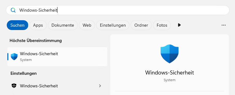 Windows-Sicherheit in der Suche