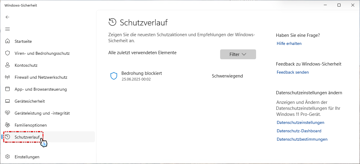Windows-Sicherheit Schutzverlauf